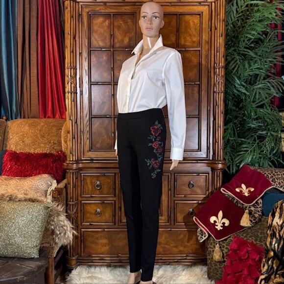 Suko Jeans Black Super Soft Knit Red Rose Embroidered Ponte Pant - Picture 3 of 9